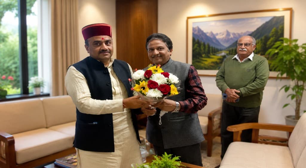 Anthrium representative receiving a bouquet from the Health Minister of Himachal Pradesh